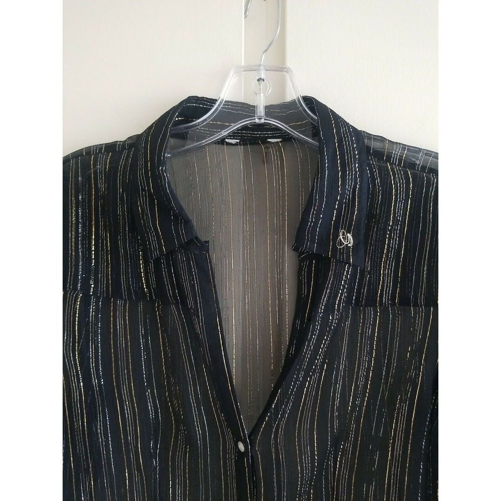 Vtg G-Unit Sexy Black Silk Blouse Silver/Gold Metallic Stripe Sheer Disco, EUC,M - Picture 2 of 7